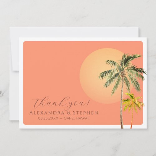 Tropical Beach Sunset  Palm Trees Minimal Wedding Thank You Card
