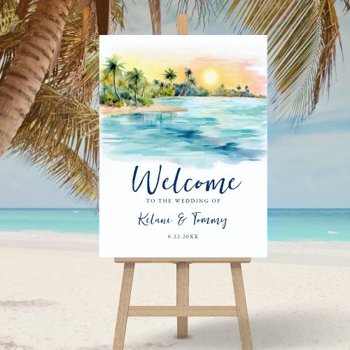 Tropical Beach Sunset Palms Wedding Welcome Sign