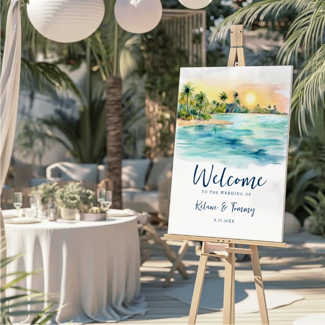 Tropical Beach Sunset Palms Wedding Welcome Sign (Creator Uploaded)
