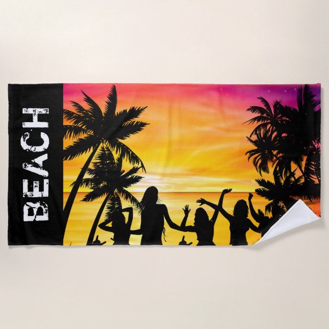 Tropical Beach Sunset Party Girl Beach Towel (Front)
