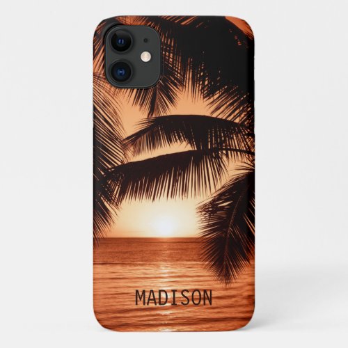 Tropical Beach Sunset Personalized Name iPhone 11 Case