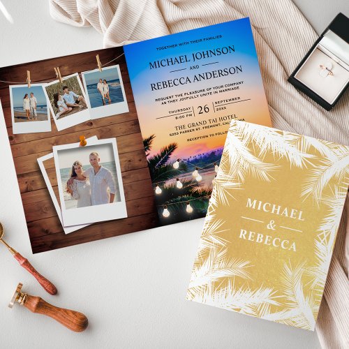 Tropical Beach Sunset Photo Collage Wedding Invite