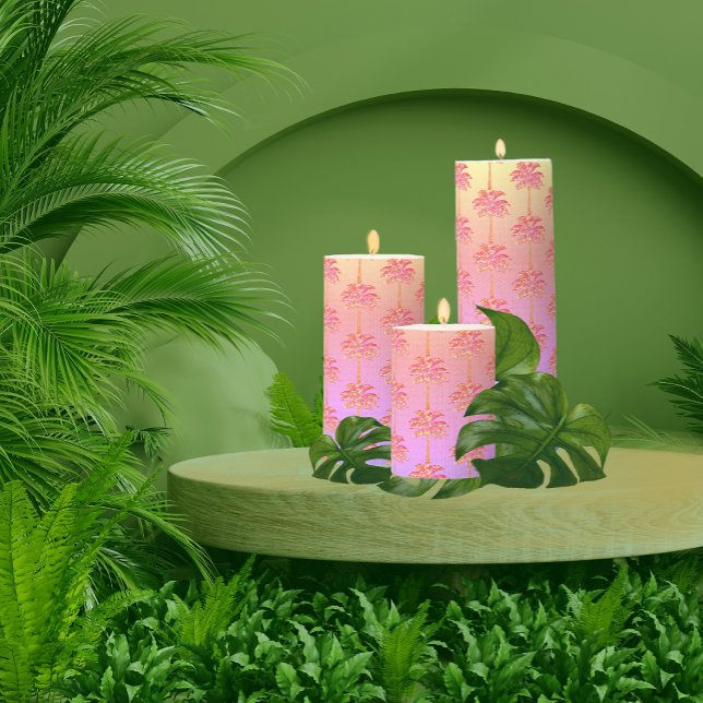 Tropical Beach Sunset Pink Palm Tree Pillar Candle (Add a tropical accent to your home with these gorgeous sunset hued pink palm tree pillar candles.)