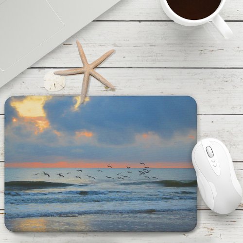 Tropical Beach Sunset Scenic Sky Ocean Seagulls Mouse Pad