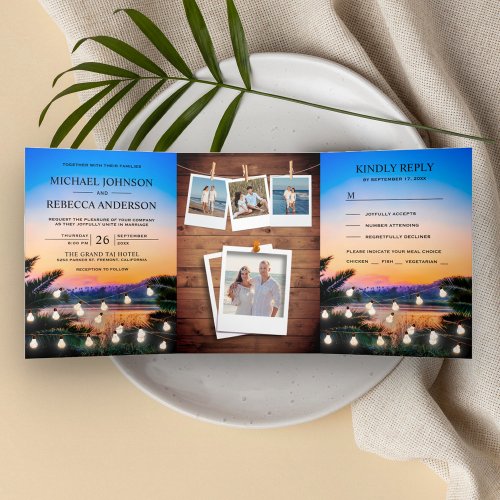 Tropical Beach Sunset String Lights Photo Wedding Tri_Fold Invitation