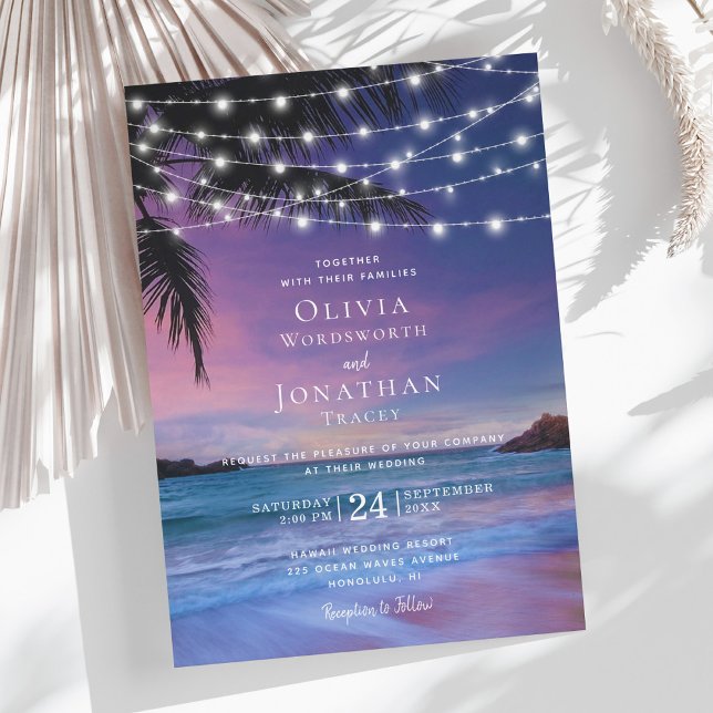 Tropical Beach Sunset String Lights Wedding Invitation (Creator Uploaded)