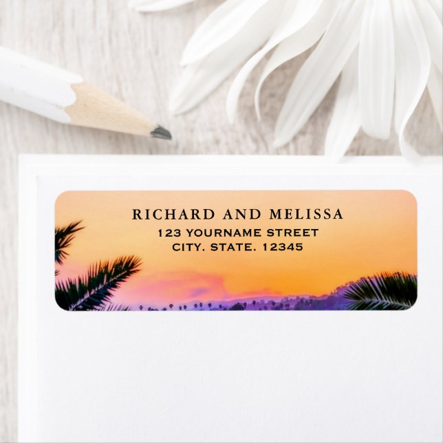 Tropical Beach Sunset String Lights Wedding Label (Insitu)