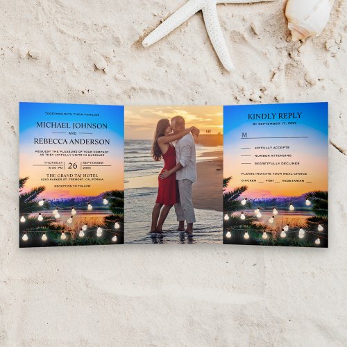 Tropical Beach Sunset String Lights Wedding Photo Tri_Fold Invitation