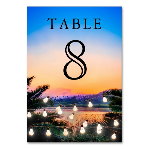 Tropical Beach Sunset String Lights Wedding Table Number