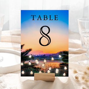 Tropical Beach Sunset String Lights Wedding Table Number