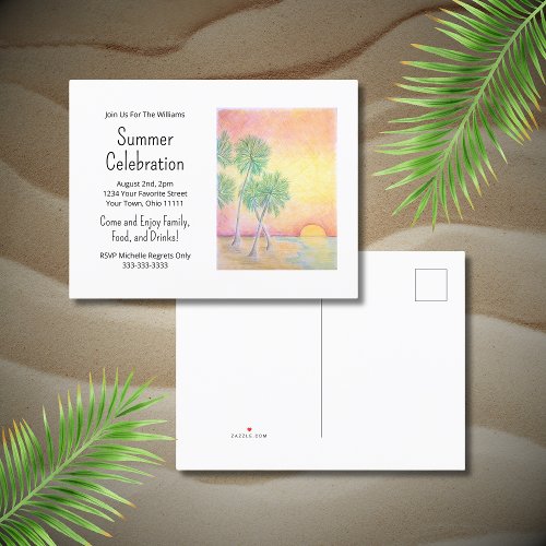 Tropical Beach Sunset Summer Party  Invitation Postcard