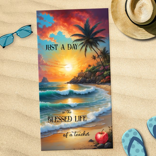 Tropical Beach Sunset Teacher Beach Towel (Teacher beach towel featuring a painting of a sunset on a tropical beach with an (optional) apple)