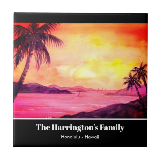 Tropical Beach Sunset Watercolor Farida Greenfield Ceramic Tile (Front)