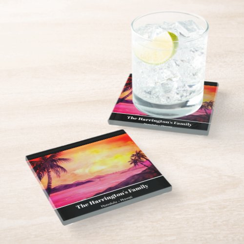 Tropical Beach Sunset Watercolor Farida Greenfield Glass Coaster