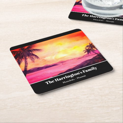 Tropical Beach Sunset Watercolor Farida Greenfield Square Paper Coaster