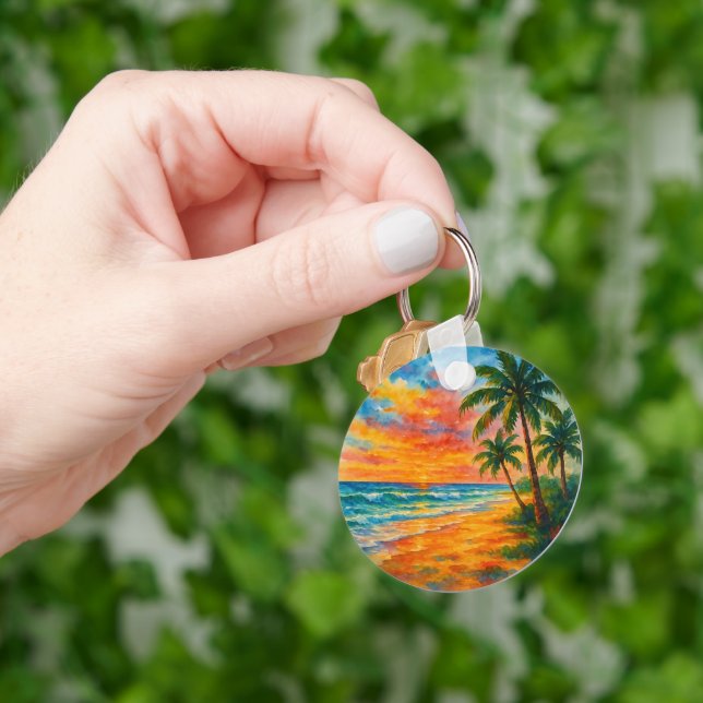 Tropical Beach Sunset Watercolor Keychain (Hand)