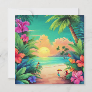 Tropical Beach Sunset with Hibiscus Flowers Card