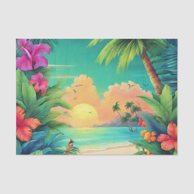 Tropical Beach Sunset with Hibiscus Flowers  Tissue Paper (Front)