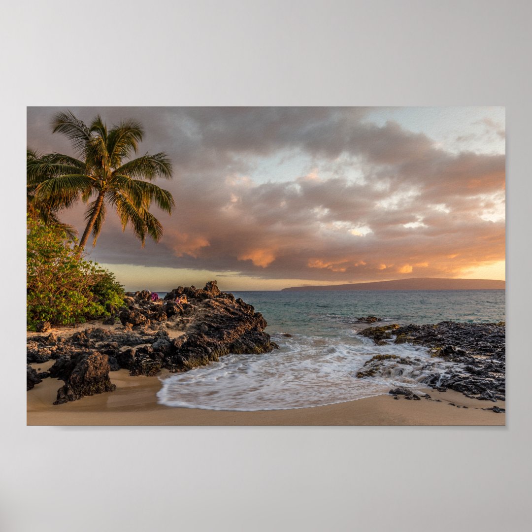 Tropical Beach Sunset with palm tree Poster | Zazzle