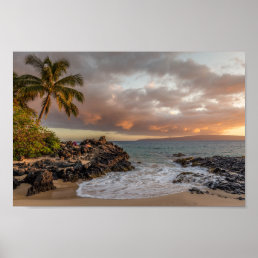 Tropical Beach Sunset with palm tree Poster