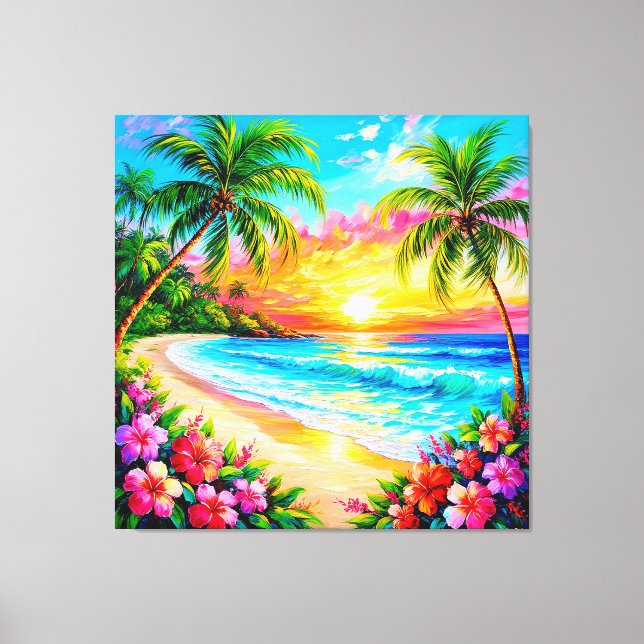Tropical Beach Sunset with Palm Trees Canvas Print (Front)