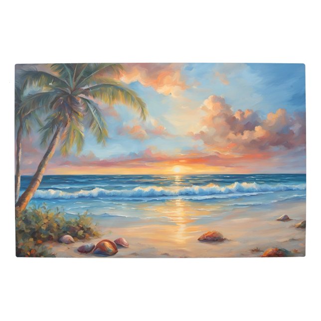 Tropical Beach Sunset with Palm Trees  Metal Print (Front)