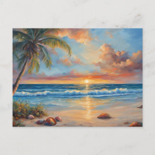 Tropical Beach Sunset with Palm Trees  Postcard