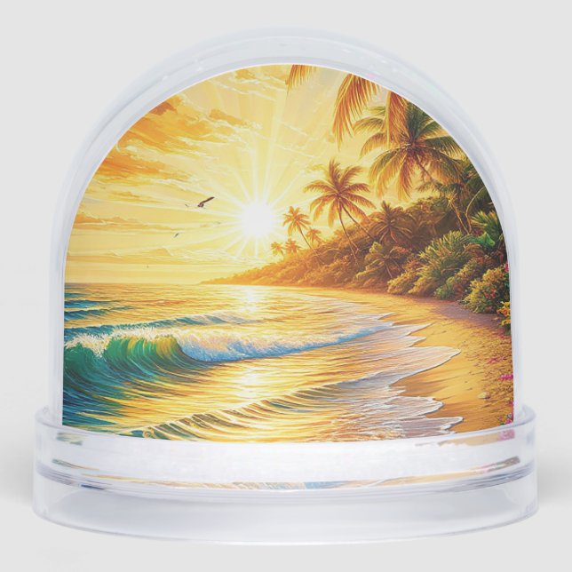 Tropical Beach Sunset With Palm Trees Snow Globe (Front)