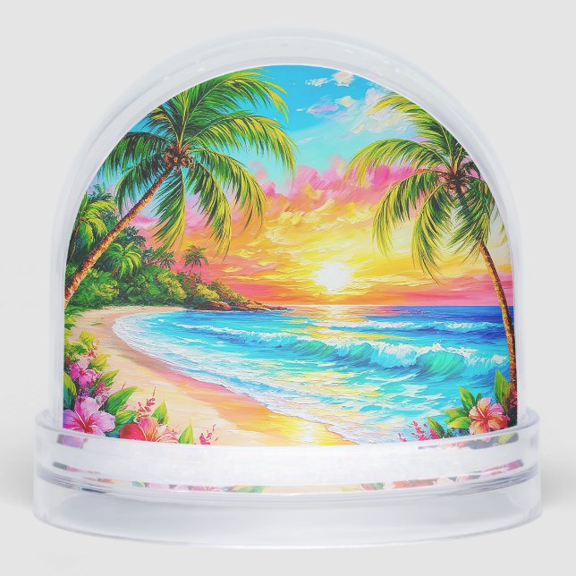 Tropical Beach Sunset with Palm Trees Snow Globe (Front)