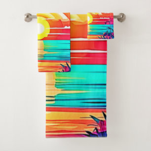 Tropical Beach Sunset with Rainbow Bath Towel Set