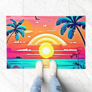 Tropical Beach Sunset with Rainbow Doormat