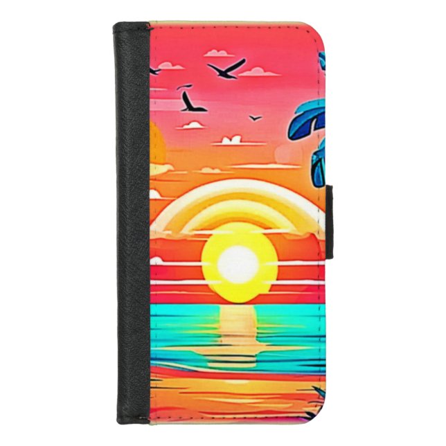 Tropical Beach Sunset with Rainbow iPhone Wallet Case (Front)