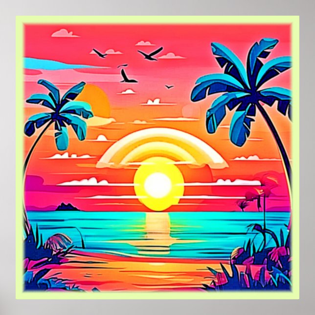 Tropical Beach Sunset with Rainbow Poster (Front)