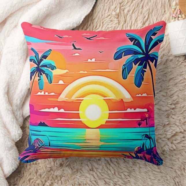 Tropical Beach Sunset with Rainbow Throw Pillow (Blanket)