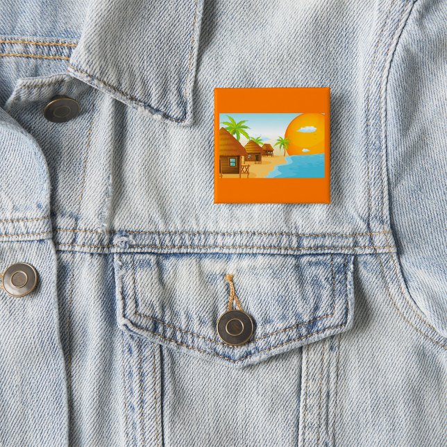 Tropical Beach Sunset with Thatched Huts  Button (Creator Uploaded)