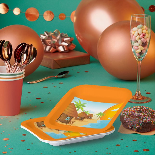 Tropical Beach Sunset with Thatched Huts  Paper Plates (Creator Uploaded)