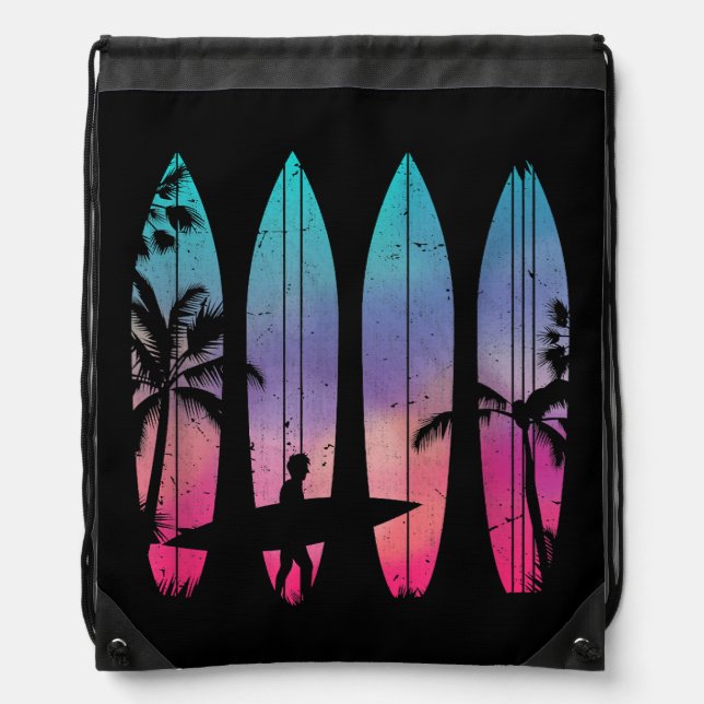 Tropical Beach Surf Surfboard Surfing Surfer Ocean Drawstring Bag (Front)