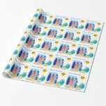 Tropical Beach Surfboard Ocean Merry Christmas Wrapping Paper<br><div class="desc">Surfer Beach. Custom Wording. This shows a series of drawings which feature a surfboard with palm trees on it, standing upright in the sand next to an incoming ocean wave. Two more surfboards are to the left in different colors with a blue sky background. Up in the corner is a...</div>