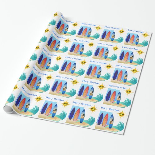 Tropical Beach Surfboard Ocean Merry Christmas Wrapping Paper