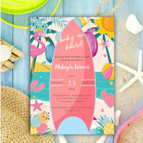 Tropical beach surfboard palm tree Baby Shower Inv Invitation