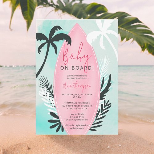 Tropical beach surfboard palm tree Baby Shower Invitation