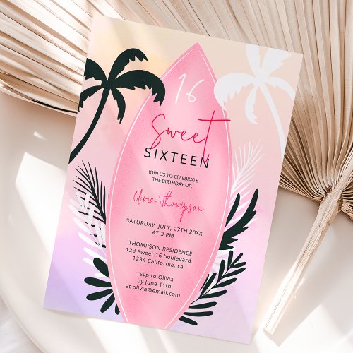 Tropical beach surfboard palm tree Sweet 16 Invitation