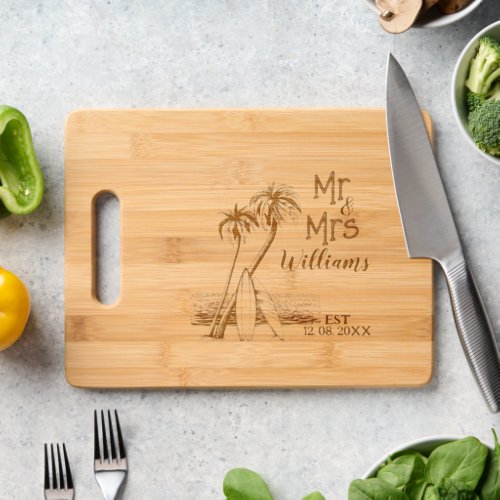 Tropical Beach Surfer Family Name Est  Mr And Mrs Cutting Board