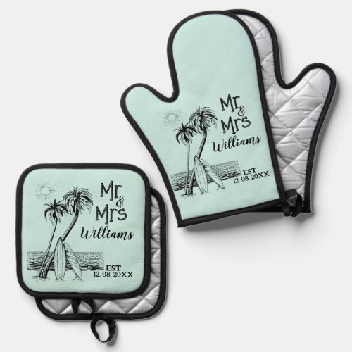 Tropical Beach Surfer Family Name Est Mr And Mrs Oven Mitt  Pot Holder Set