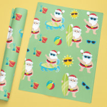 Tropical Beach Surfing Santa Cute Christmas Wrapping Paper