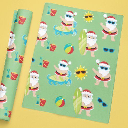 Tropical Beach Surfing Santa Cute Christmas Wrapping Paper