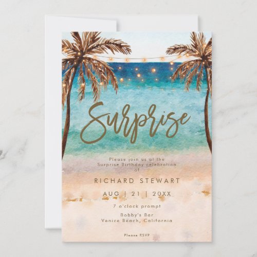 tropical beach surprise birthday party invitation