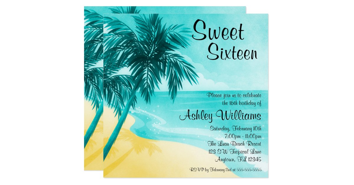 Tropical Beach Sweet 16 Birthday Party Invitations | Zazzle