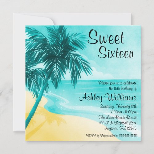 Tropical Beach Sweet 16 Birthday Party Invitations