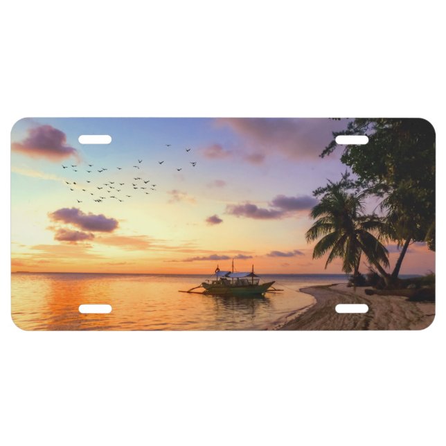 Tropical Beach Tahiti Island Sunset License Plate (Front)